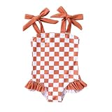 YOUNGER TREE Toddler Swimsuit Girl Color Block Stripe One-Piece Swimwear Baby Girl Bathing Suits(Brown Checkerboard,4-5T)