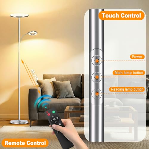 Image of marctronic Brushed Nickel Floor Lamp, 42W 4000LM Brightest LED, Smooth Metallic Body & Anti-Glare, Dimmable Remote /Touch Floor Lamp for Bedroom /Study
