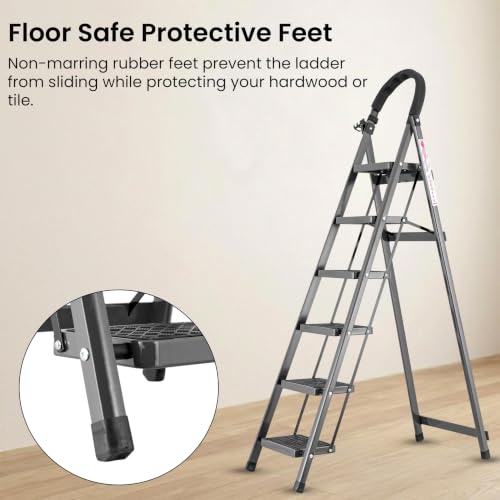 Image of Casa Copenhagen Grey 6 Step Ladder for Home Use with Built-in Tool Tray | Heavy Duty D Shape Rods | Ultra Large Platform | Secure Lock and Stability | 150Kg Capacity Foldable Ladder - 7 Years Warranty