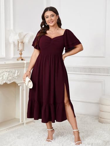 SCOMCHIC Womens Plus Size Wedding Guest Cocktail Dresses Sweetheart Neckline Short Sleeve Smocked Ruffle Slit Maxi Dress3