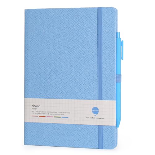 Image of COMMA Abaca - A5 Size - Checks Hard Bound Notebook with Pen & Elastic Band Closure - 192 Pages - 80gsm Natural Shade Paper - Textured Cover Material - (Sky Blue)