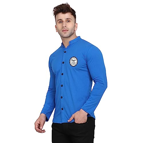 Image of Geum Men's Mandarin Collar Shirt | Slim Fit Full Sleeve Casual Shirt with Printed Chest Logo | Soft Cotton Blend Stylish Button Down for Party, Office