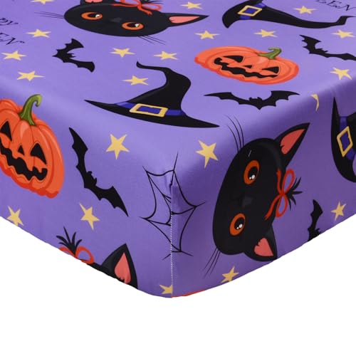 Image of JISEN Halloween Crib Sheet Soft Breathable Cat Pumpkin Fitted Crib Sheets for Standard Crib and Toddler Mattress Baby Bed Sheets for Boys Girls Neutral 52x28 Inch Purple