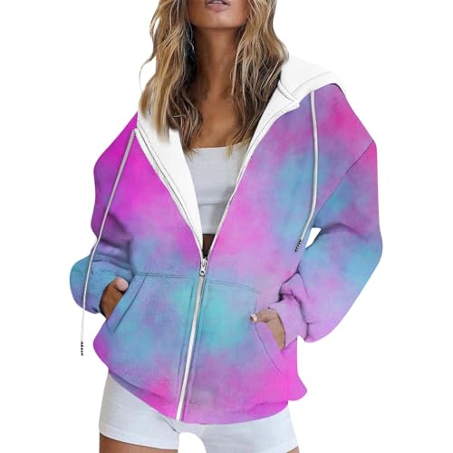 Generic Women's Tie-Dye/White Zip-Up Hoodie With Pockets, Striped, Long Sleeve, S-3XL