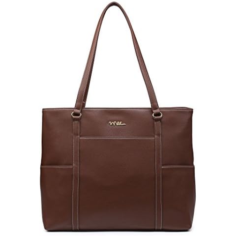 NNEE Classic Laptop Leather Tote Bag for 15 15.6 inch Notebook Computers Travel Carrying Bag with Smart Trolley Strap Design, Dark Brown, 15 - 15.6 inch Cover