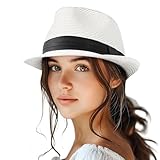 Straw Fedora Hat for Women Men Packable Short Brim Roll Up Trilby Hat Adjustable Panama Summer Beach Sun Hat UPF 50+ L/XL White