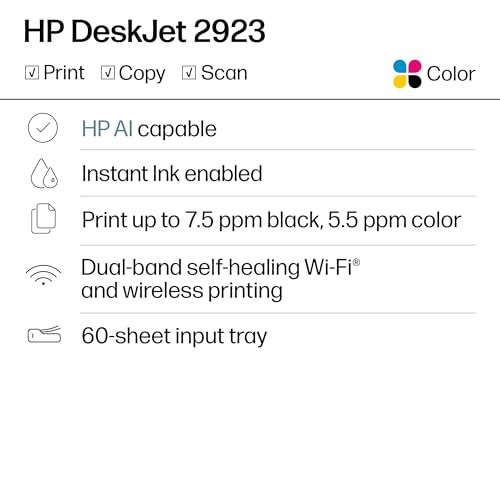 Image of HP DeskJet 2923 Wireless All-in-One Color Inkjet Printer, Scanner, Copier, 6 Month Trial of Instant Ink Included, AI-Capable (B18JWA)