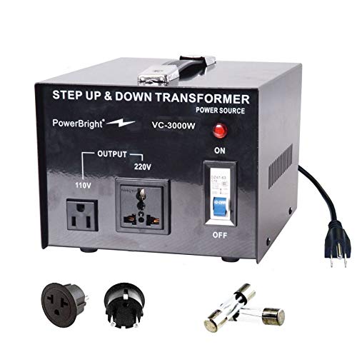 PowerBright 3000 Watts Voltage Transformer, Step Up Step Down Power Converter, Used in 110 Volts and 220V Countries, Converts 220V to 110V and 110V to 220V - Fuse Protected, Universal Outlet Socket