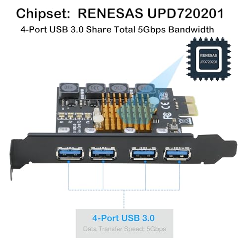 Image of RIITOP USB 3.0 PCIe Card 4-Port PCI Express x1 to USB 3.0 Expansion Adapter Internal USB3 HUB on PC for Win 11 /10 (No Additional Power Required)
