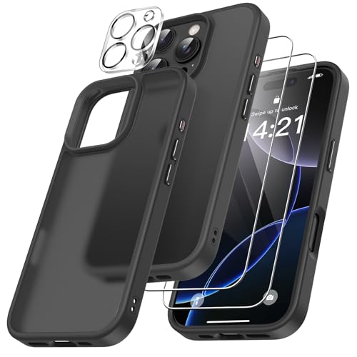 FLLAO 4 en 1 Coque pour iPhone 16 Pro avec 2 Verre Trempé et 1 Caméra Protecteur, [Coussin d'air Intégré] Antichoc Antirayures Bumper Protection Housse pour iPhone 16 Pro 6.3", Noir