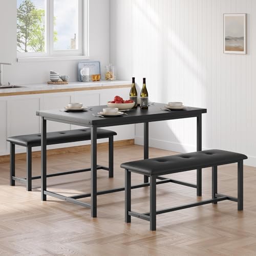 Dining Table Set for 4 with Upholstered Bench, Kitchen Table Set with Bench, Rectangular Dining Room Table, 3 Piece Rectangular Dining Room Table Set