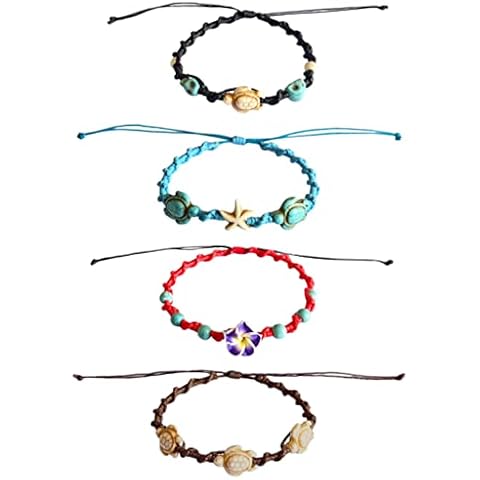 Nove Jewelry Leather 4 Pcs/Set Turtle Hemp Bracelet Frangipani Flowers Hawaiian Bracelet with Turtle in Turquoise Color Set Best Friend Cover