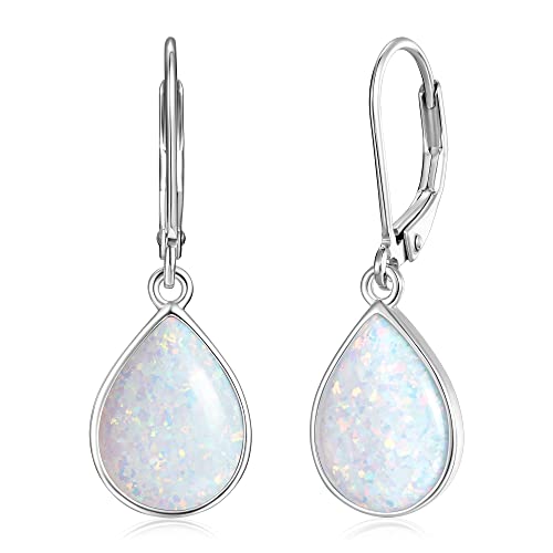 Gemschest Dangle Earrings for Women Opal: 925 Sterling Silver Teardrop Leverback Earrings October Birthstone Tear Drop Waterdrop Created Earring Jewelry Birthday Gifts for Grandma Girlfriend, White