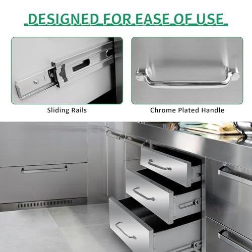 Image of Outdoor Kitchen Drawers 20 inch W x 27 inch H x 23 inch D Stainless Steel Triple Drawers with Ergonomic Handle for BBQ Island, Patio Grill Station & Outdoor Kitchen Cabinets