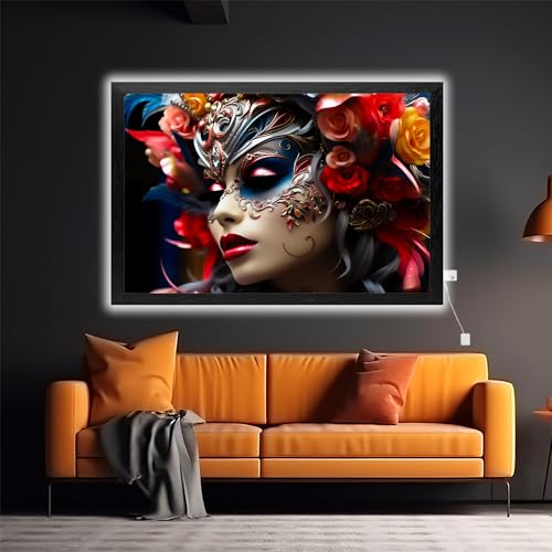 Femme avec masque de carnaval tableau lumineux LED 128 x 86 cm