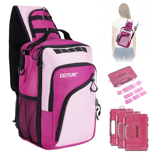 Goture Pink Fishing Tackle Bag 1680D Water-Resistant Sling Fishing Backpack with Rod Holder Anti-Slip Waist Strap 3 Fishing Tackle Boxes Fishing Gifts for Women Girls