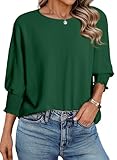 Dokotoo Women Blouses Summer Outfits 2025 Fall Fashion Boat Neck 3/4 Length Sleeve Womens Tops Dressy Casual Plus Size Spring Clothes Flowy Batwing Green Tops for Women Trendy L