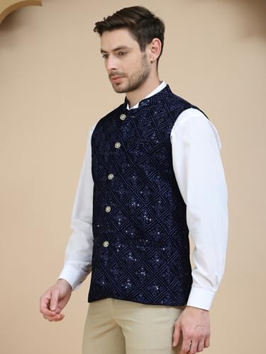 Image of Men's Sequins Velvet Nehru Jacket (Navy Blue, XL)