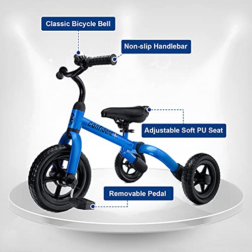 3 in 1 Toddler Tricycles for 2 - 4 Years Old Boys and Girls with Detachable Pedal and Bell | Foldable Baby Balance Bike Riding Toys for 24 Month Up Kids | Infant First Birthday New Year Gift Blue