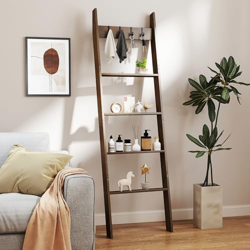 COSTWAY Bamboo Blanket Ladder, 5-Tier Towel Rack Ladder Shelf with 4 Removable Hooks, Farmhouse Decorative Wall Leaning Storage Shelving Unit Blankets Towel Holder for Bathroom Bedroom - Cosy Home Interiors COSTWAY Bamboo Blanket Ladder, 5-Tier Towel Rack Ladder Shelf with 4 Removable Hooks, Farmhouse Decorative Wall Leaning Storage Shelving Unit Blankets Towel Holder for Bathroom Bedroom - Image 7
