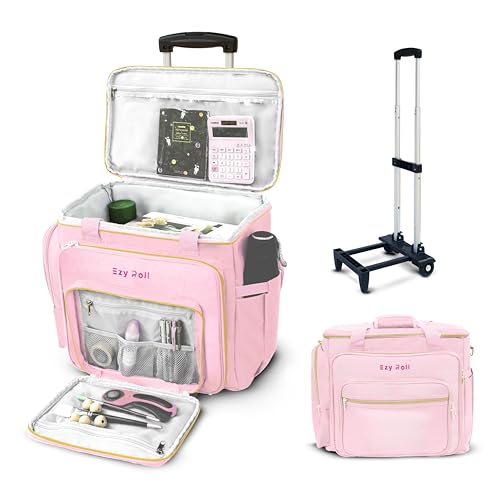 Ezy Roll Large Rolling Tote with Detachable Wheels - Water Resistant Craft Storage Organizer, Work Bag on Wheels, Sewing Machine Case - Pink