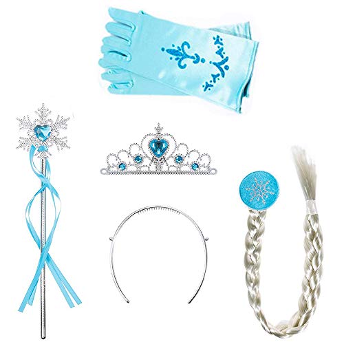Amacoam 4 Piezas Disfraz Elsa Frozen Accesorios Conjunto Accesorios de Princesa del Hielo Elsa Corona Varita Mágica Trenza y Guantes, Disfraz Blancanieves Niña Princesa Vestir Accesorios (Azul)