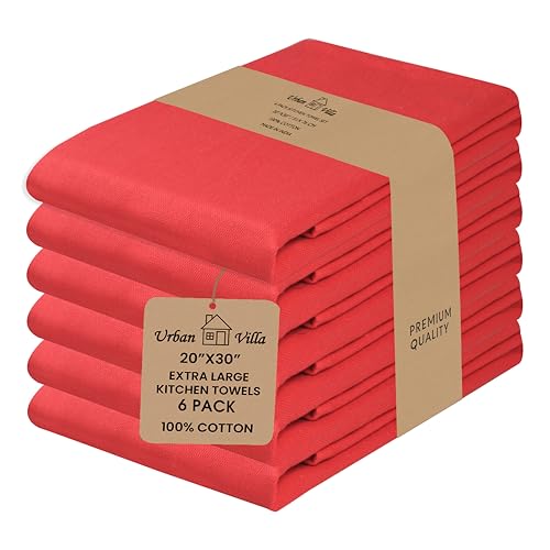 Urban Villa Kitchen Towel100% Cotton Red Color Dish Towels for Kitchen Size 20x30 inches(Set of 6) Highly Absorbent Multiuse Dish Cloths with Hanging Loop Quick Drying Soft Premium Hand &Tea Towels