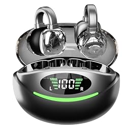 JNXIKOU Open Ear Clip Headphones Wireless Bluetooth 5.3 Earbuds with Microphone,IPX5 Waterproof Sport Earphones Bone Conduction Headphones Bluetooth Headset for Running,Sports,Cycling,Driving,Black