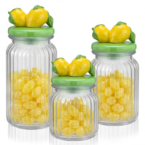 Mimorou 3 Set Lemon Glass Candy Jars with Ceramic Lids 44oz 33oz 22oz Summer Lemon Cookie Jars Airtight Glass Food Storage Containers for Summer Party Tea Cookie Snacks Sugar