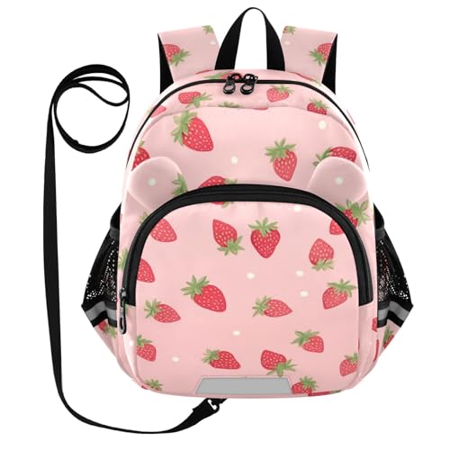 Red Fruit Strawberry Cartoon Toddler Harness Backpack for Boys Girls 3-6 Years Kids Backpack with Anti Lost Safety Leash Baby Harness Bookbag for Travel Walking Preschool