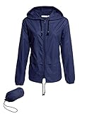 Avoogue Lightweight Raincoat Women's Waterproof Windbreaker Packable Outdoor Hooded Rain Jacket Navy Blue L