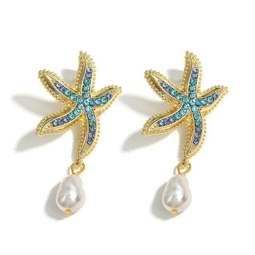 Bohemia Star and Fish Earrings for Women, Drop Pearl, Blue Rhinestones Dangle, Starfish Jewelry, Summer Holiday, Beach Gifts, 60mm, Metal, No Gemstone
