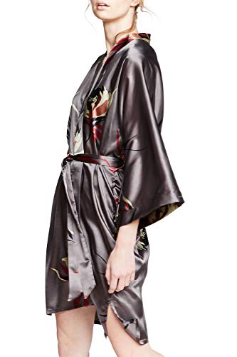 KIM+ONO Satin Kimono Robe Short - Hana - Gunmetal (Grey)