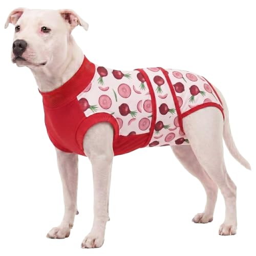 LovinPet Dog Recovery Suit, Soft Post-Surgery Bodysuit with Cotton Belly Panel, Four-Season Wear for Large Breeds, Vegetable Print, Red Pink, XL