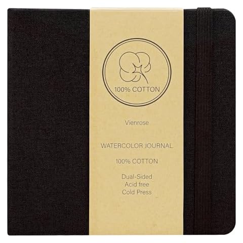 Vienrose Watercolor Sketchbook, 5.5"x5.5" Watercolor Journal with 24 Sheets 140 LB (300 GSM) Cotton Watercolor Paper, Black Linen Cover Watercolcr Sketch Book As Travel Notebook Mixed Media Pad Cover