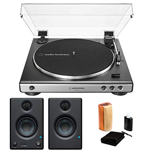 Audio-Technica AT-LP60X Gunmetal Fully Automatic Belt-Drive Stereo Turntable Bundle with Studio Monitor Pair and Vinyl Record Care System Package (3 Items) by Audio-Technica - Used condition - US$154.57