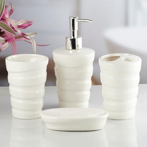 Image of Kookee Ceramic Bathroom Accessories Set of 4, Modern Bath Set with Liquid handwash Soap Dispenser and Toothbrush Holder, Luxury Gift Accessory for Home, White (10237)