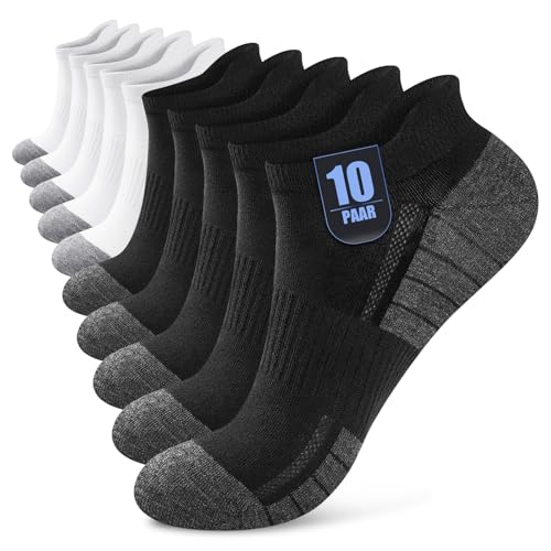 Effeet 10 Pares Calcetines Tobilleros Hombre Mujer, Calcetines Cortos Algodón Transpirables, Ideales para Deporte, Correr, Casa, Trabajo, Verano, Negro Blanco 39-42