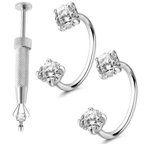 RIYSGHNQ 20G Stainless Steel Nose Ring Silver Horseshoe Hoop 2PCS with Piercing Tool Hypoallergenic Nickel-Free for Septum Cartilage Nostril Piercing Double Gem Gift for Women