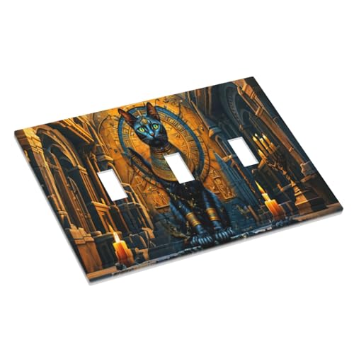 Decorative Switch Covers Plate Egyptian Black Cat Vintage Gold Decorated 3 Gang Wall Plate Oversized Triple Toggle Light Switch Plate Jumbo Faceplate for Bedroom Home Decor