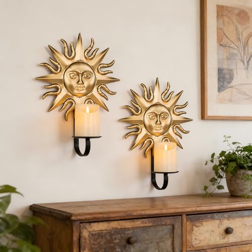 We Moment Candle Sconce,Set of 2 Gold Sun Metal Candle Sconces Wall Mounted Holders for Home,Living Room, Dining Room,Rustic Farmhouse Garden Yard Patio Boho Wall Decor