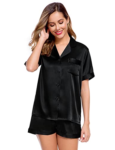 Image of LecGee Womens Silk Satin Pajamas Set Short Sleeve Button Down Sleepwear Loungewear 2 Pcs Pj Sets