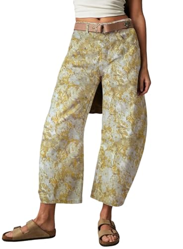 loveimgs Women Baggy Barrel Jeans Mid Rise Printed Denim Pants Wide Leg Jeans Boyfriend Y2k Patchwork Cartoon 2025 Hippie