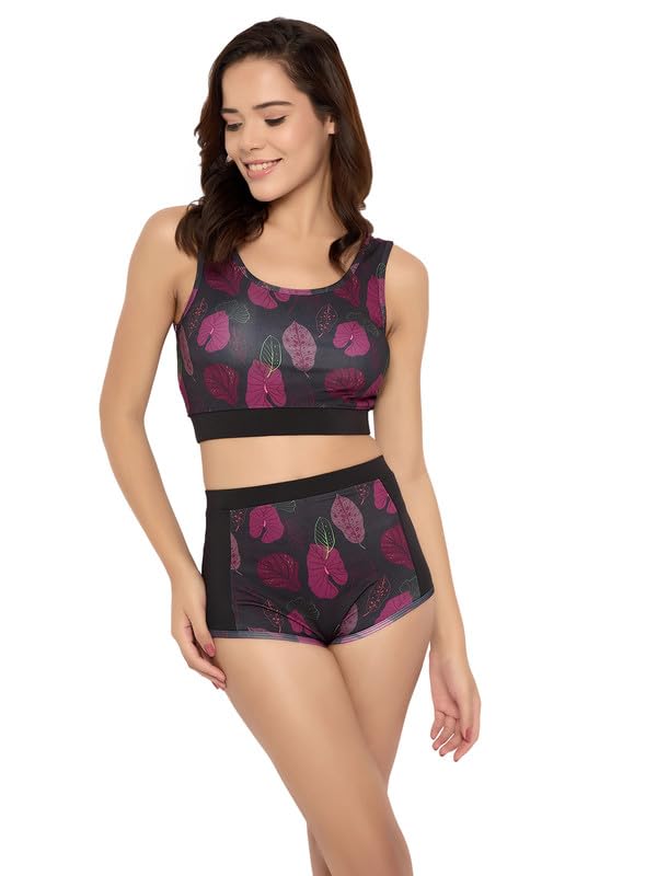 Image of Clovia Women's Pretty Leaf Print Two Piece Swimsuit - Black