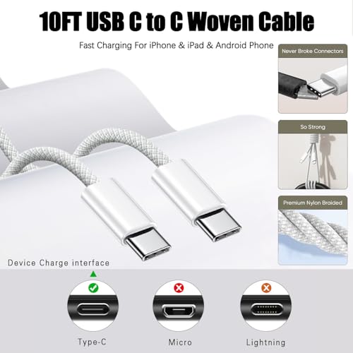 Image of iPhone 17 Charger Fast Charging,4-Port USB C Charger Block 2Pack 40W Apple Charger with 10FT USB C to C Woven Braid Cable Cord for Apple iPhone 17e /17 Pro Max /17 Pro /17 /Air /16e /16 Pro Max /16Plus /15