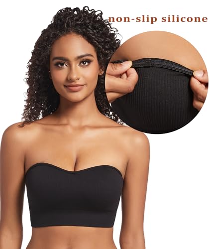 Image of PRETTYWELL Strapless Bra for Women Ribbed Seamless Non-Slip Comfort Padded Wireless Bandeau Bras Wireless Tube Top Bra