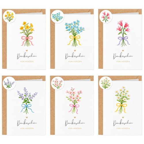 AHEJIOO 6 Stück Dankeskarten Set Faltkarten mit Blumen Motiv Kraftpapier Umschlägen Stickern dankeschön karte Grußkarten Hochzeit Geburtstag Danksagung Geschenke für Frauen Kollegen Lehrer