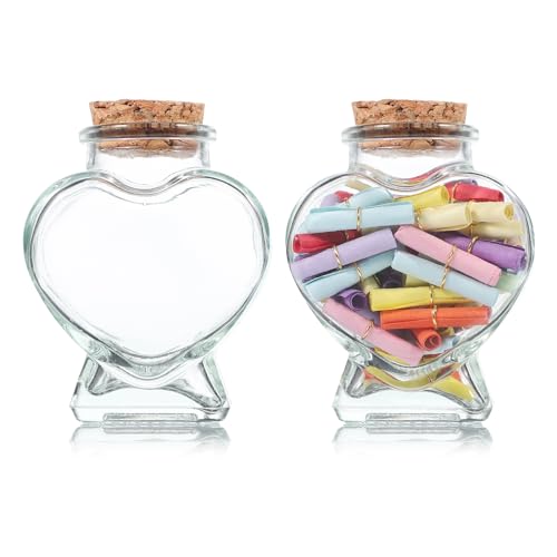 Kichvoe 2 Botellas de los Deseos: Frascos de Cristal con Forma de Corazón y Corcho para Decoración, Bricolaje, Recuerdos y Almacenamiento - 50 ml