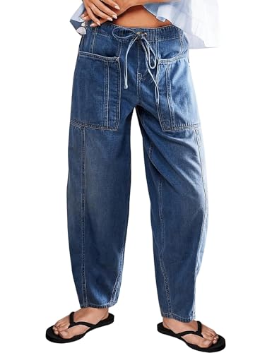 Barrel Jeans for Women Stretch Elastic Waist Pull-on Wide Leg Baggy Pants Lightweight Casual Crop Denim with Drawstring
