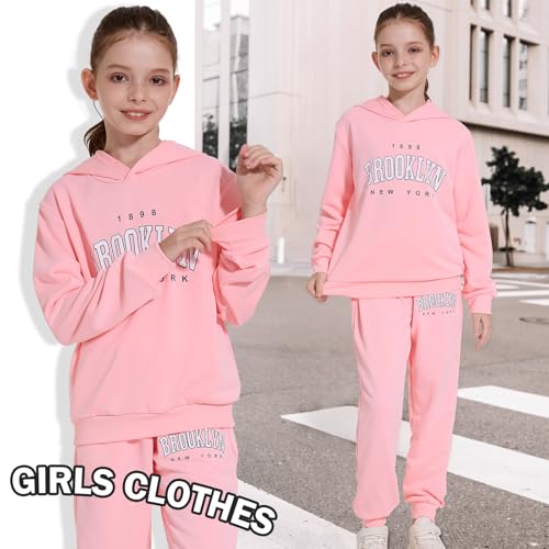 Image of Kids Girls Outfits 2 Piece Letter Print Hoodie Sweatshirt and Jogger Sweatpants with Pockets Clothing Sets for Girls